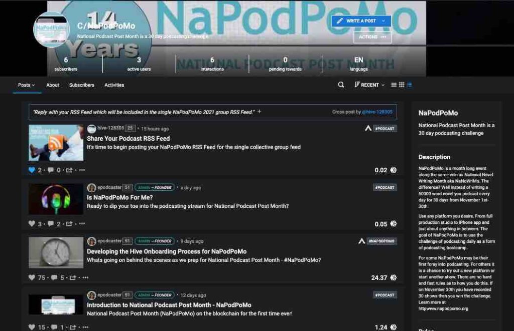 NaPodPoMo community page screenshot