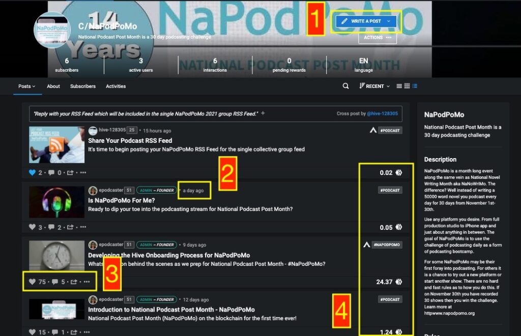 NaPodPoMo Community screenshot explained with numbers and highlighted boxes for each feature. See text underneath photo for description