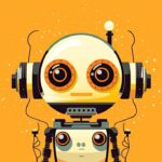 illustration of a robot with headphones and wires looking forward. Background is a golden orange.
