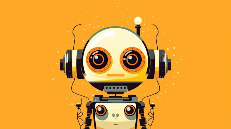 illustration of a robot with headphones and wires looking forward. Background is a golden orange.