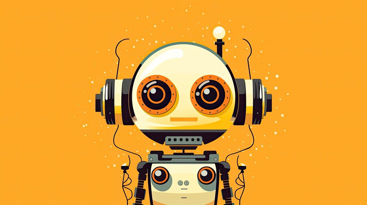illustration of a robot with headphones and wires looking forward. Background is a golden orange.