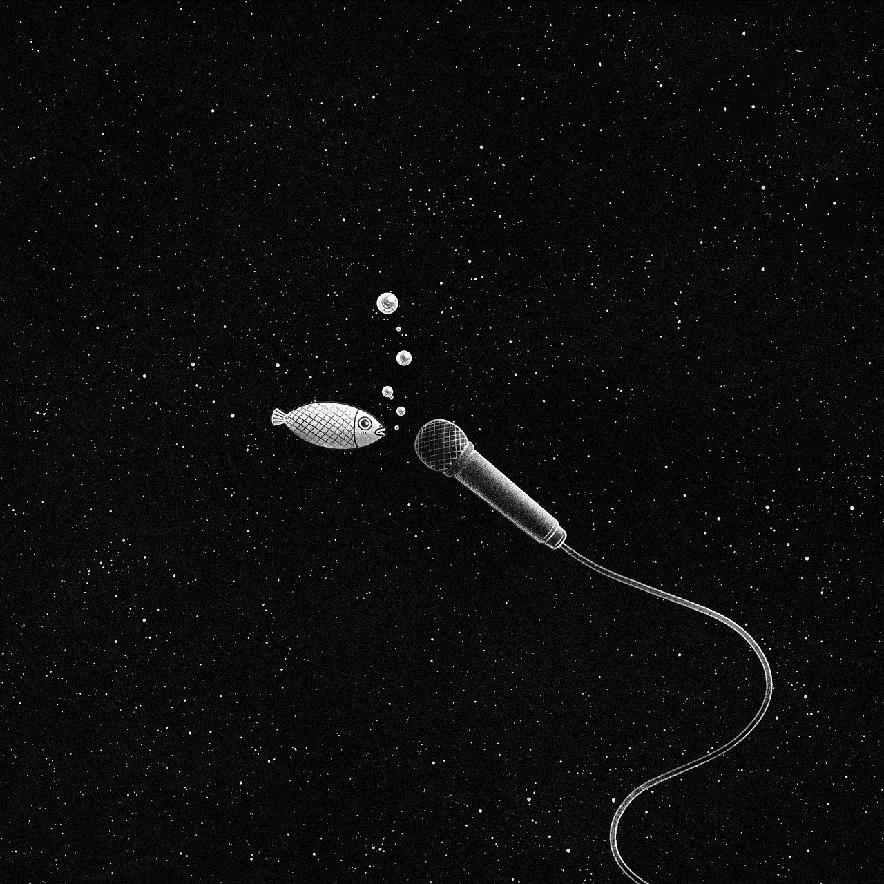 black and white drawing/design of a tiny fish speaking into a microphone.