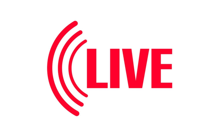 red sound waves on the left side of the word "LIVE" in red.